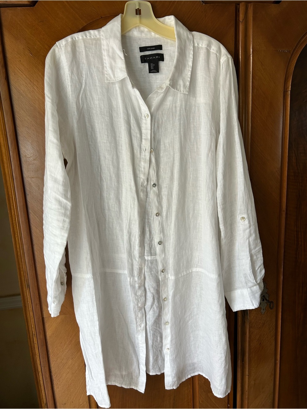 Tahari White Linen Long Button-Up Shirt Dress Sz L